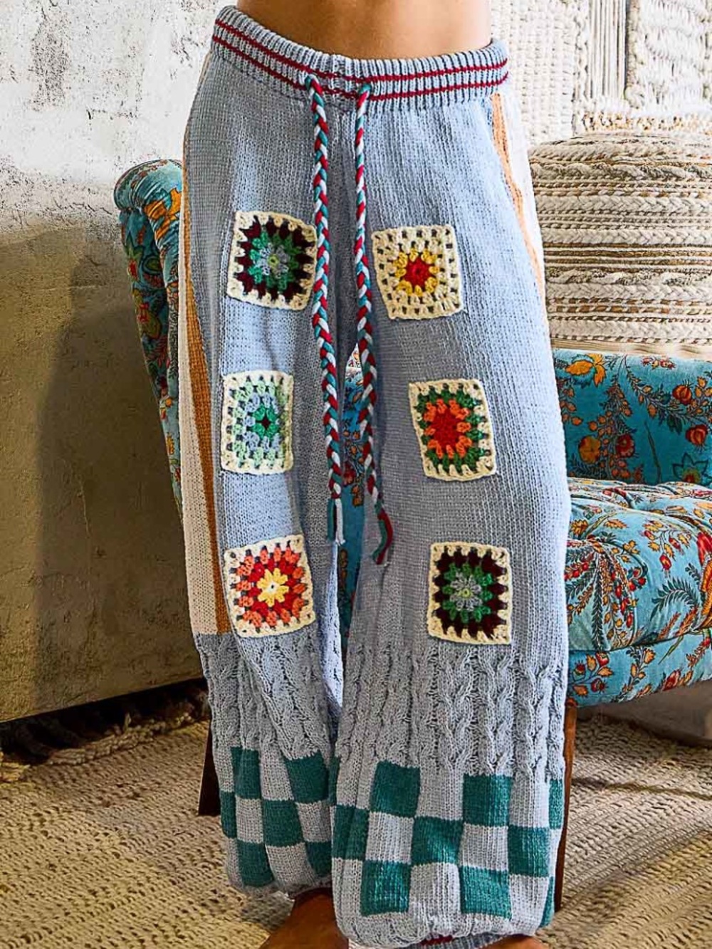 POL Dusty Blue Granny square Stretchy Waist Chenille Jogger Pants
